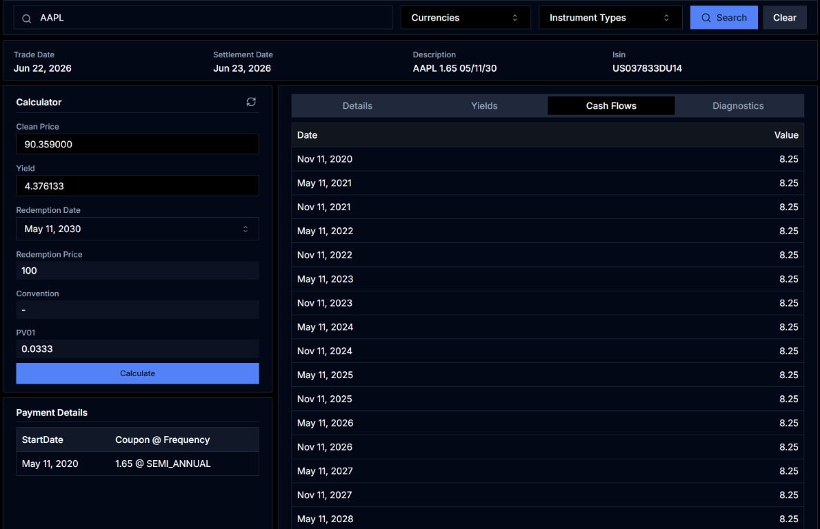 bond calculator cashflows tab