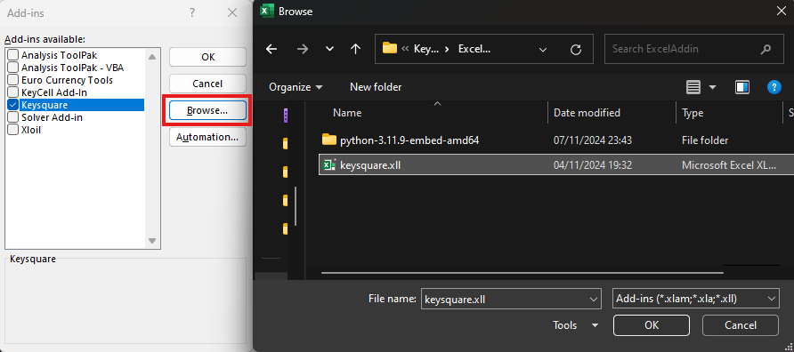 Select keysquare xll